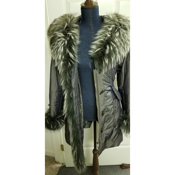 New Fur Trimmed Green Quilted Convertible Jacket Real Finland Racoon Rabbit Vest - Picture 4 of 16